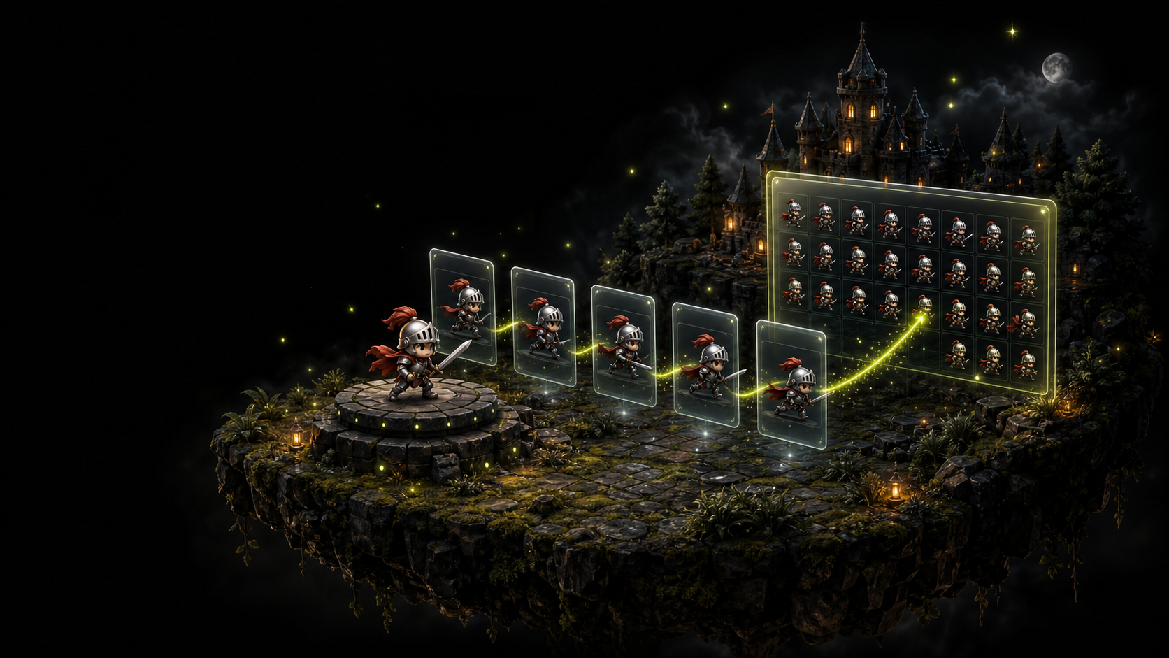 Floating game world showing a knight animation becoming a sprite sheet
